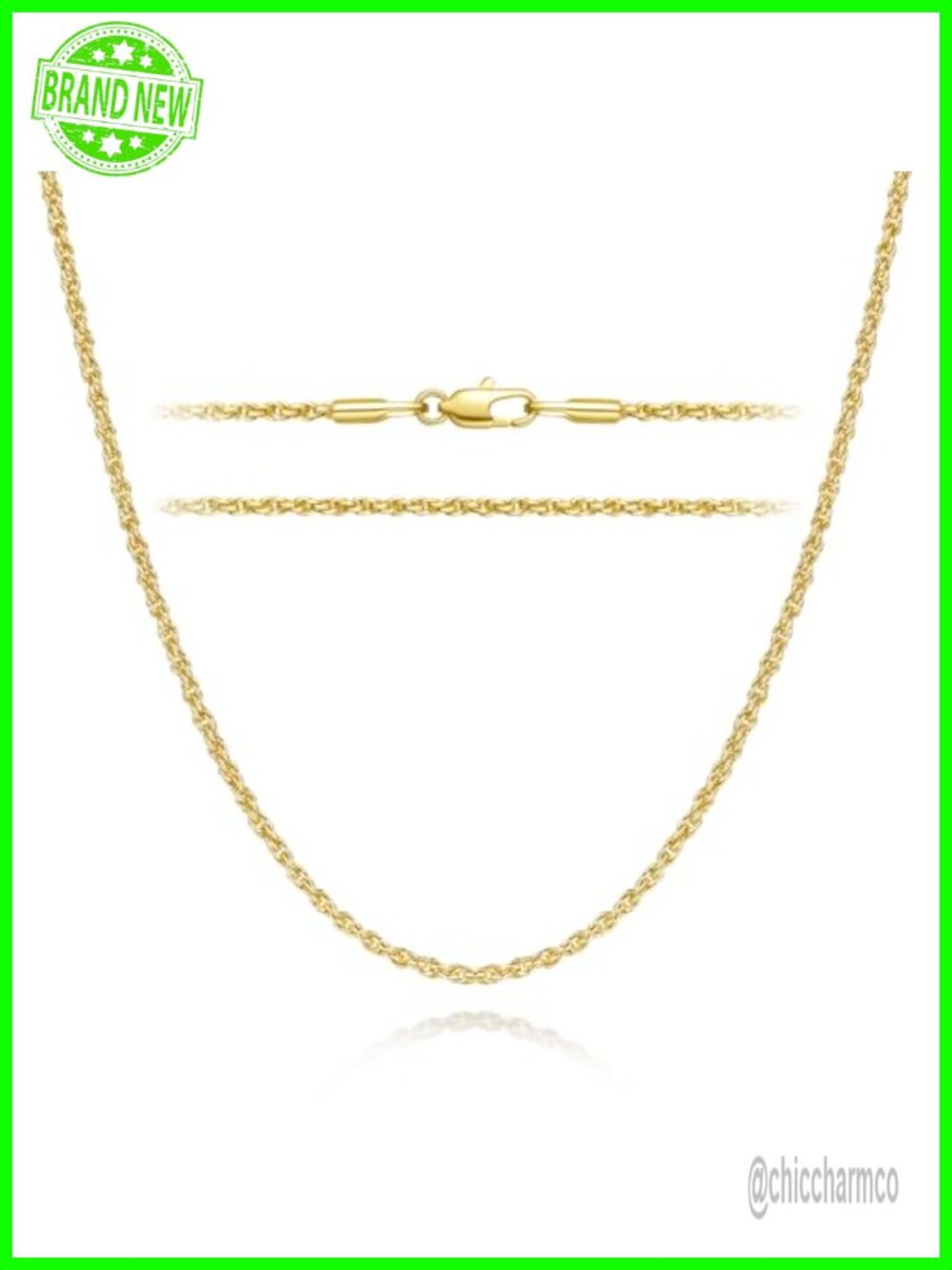 14K Gold Plated Rope Chain Necklace 20 Inch Lobster Clasp